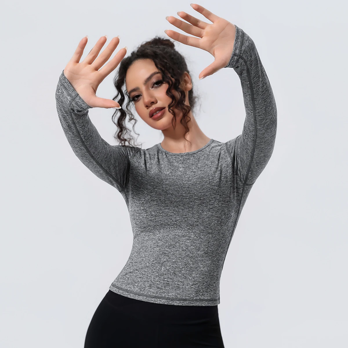 1 Stück Schlankes Casual Sommer Yoga Langarm-Oberteil für Damen, Fitness-Sport-Laufshirt mit Schnelltrocknung, Einfarbiges Trainingsshirt – Detail 27