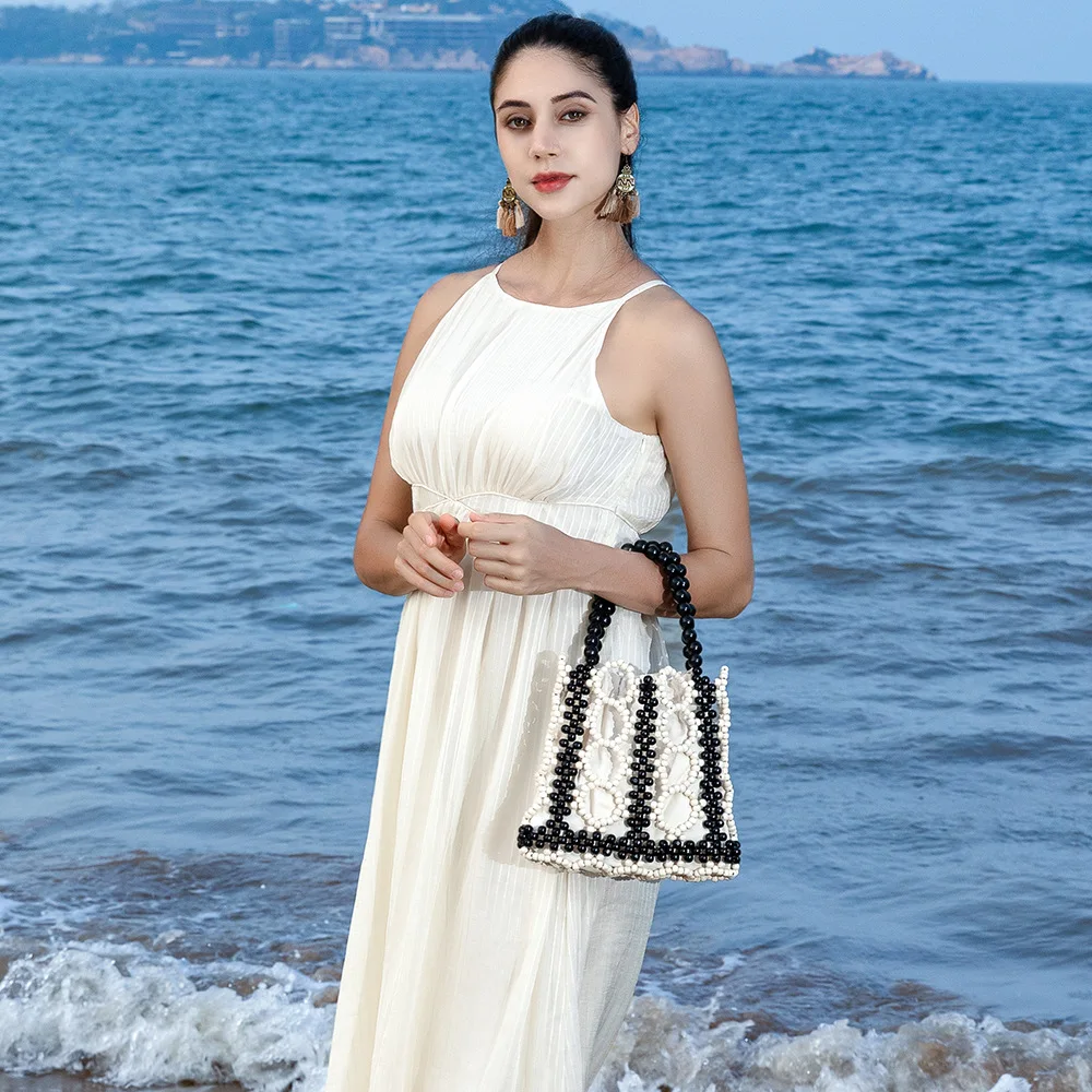 

Полая деревянная сумка из бисера, женская сумка ручной работы для отдыха на берегу моря, контрастная сумка ознаカية 09.لاز품 Сукни Для Вечирок