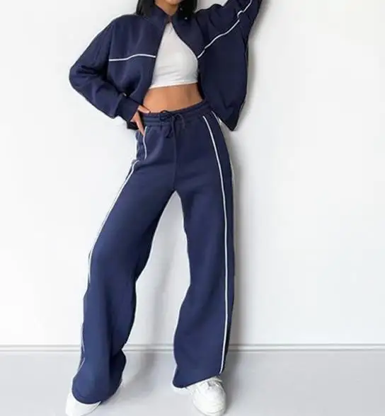 Two Piece Set Women Outfit 2026 Spring Autumn New High Collar Long Sleeve Zipper Jacket & High Waist Casual Sports Pants Set