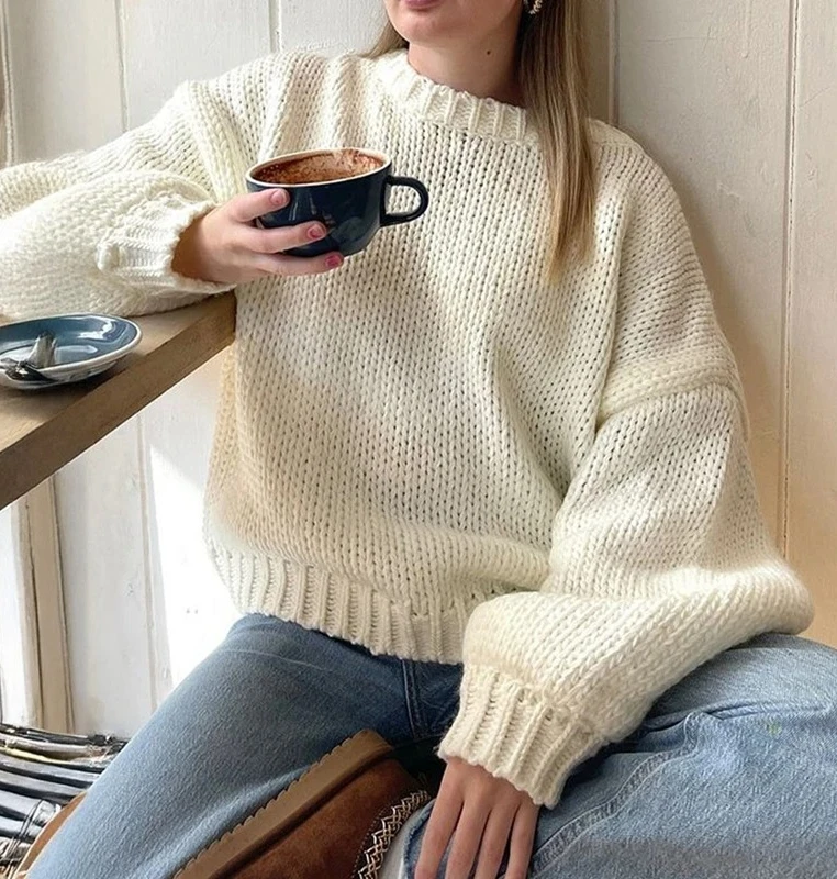 Einfarbige Pullover, lockere Passform, Pullover für Damen, lässig, übergroß, Strickpullover, Herbst und Winter
