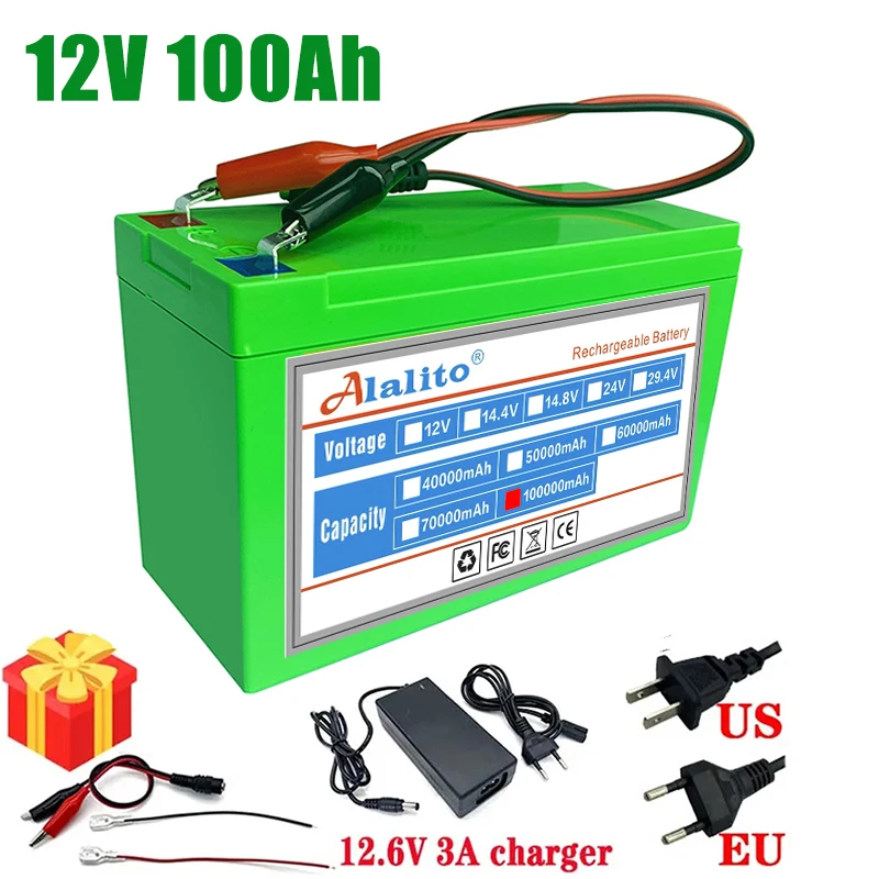 

New 12V 40Ah 50Ah 100Ah lithium Battery Pack Lithium Iron Phosphate Batteries Built-in BMS For Solar Boat+12.6V Charger