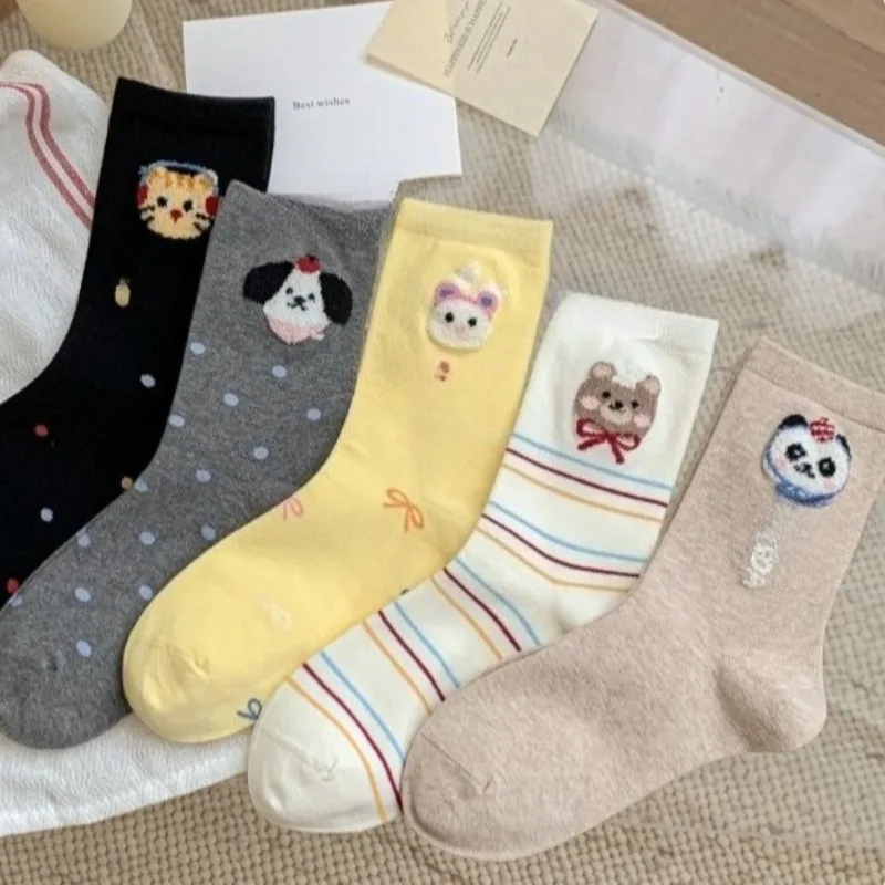 

5 Pairs White Ankle Socks Women's Autumn Winter Cotton Kawaii Mid Tube Socks Warm Cartoon Cute Long Socks for Women High Quality