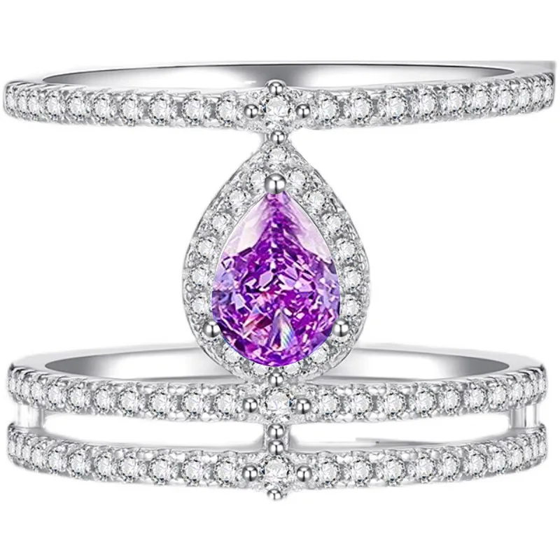 

Ice Flower Cut Inlaid Gemstone Women's Ring Fashion Unique Water Drop Purple High Carbon Diamond Rings Premium Luxury Jewelry