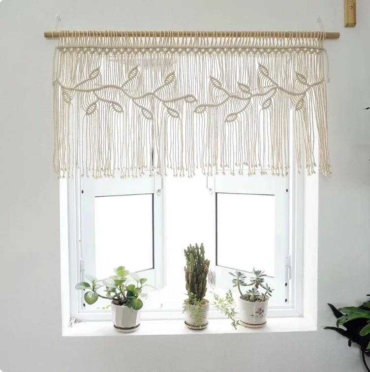 Bohemian Woven Cotton Macrame Short Curtains for Kitchen Tapestry Tassel Valance Tier Handmade Boho Doorway Hanging Curtains