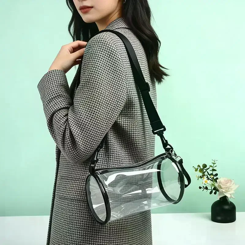Bolsa transversal transparente a laser para mulheres, bolsa cilíndrica mini de ombro, bolsa pequena de PVC tipo jelly.
