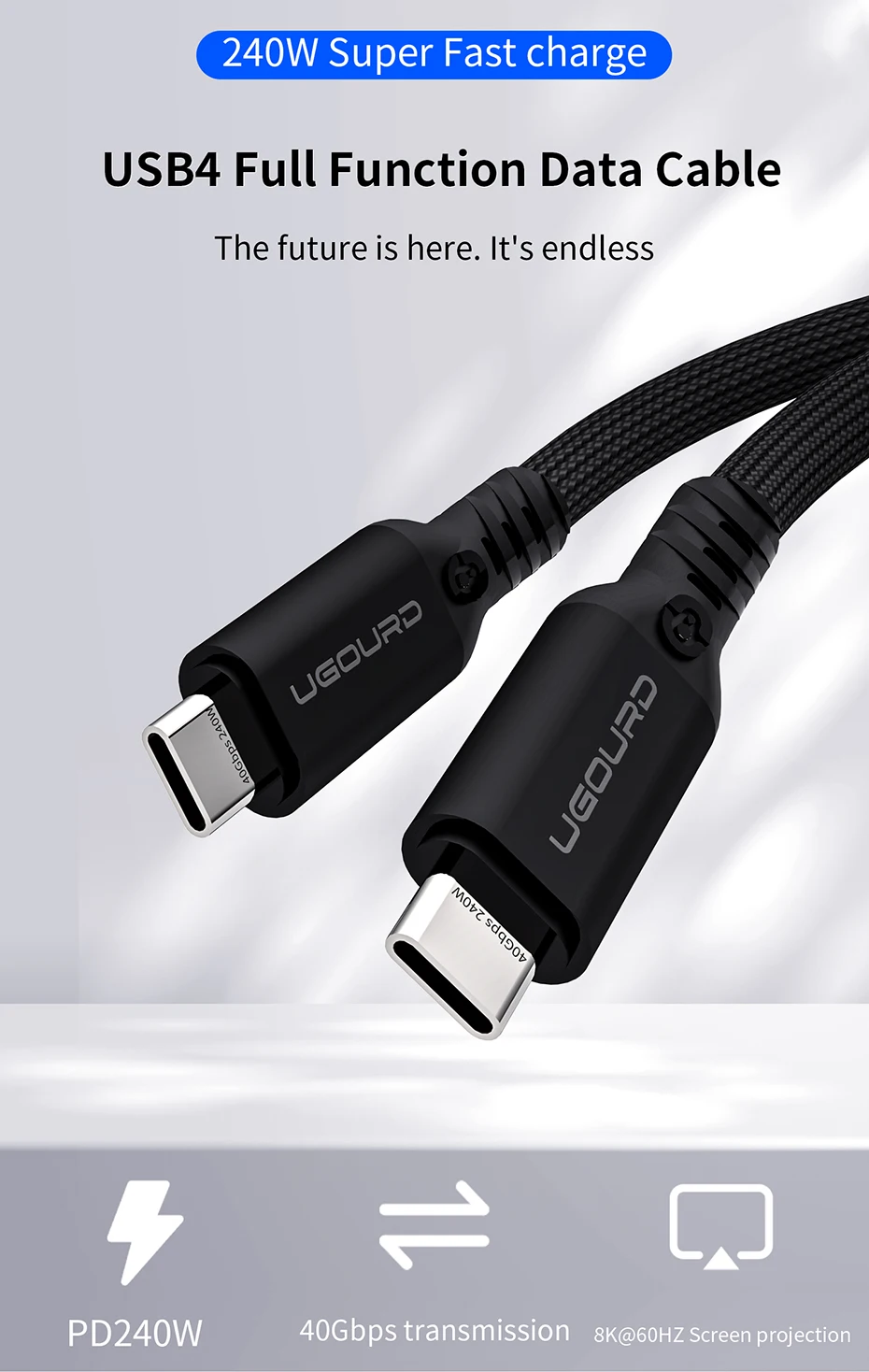 UGOURD Thunderbolt 4 USB4-Kabel 40 Gbit/s Thunderbolt3 0,2 m-2 m 3 m Typ-C-Schnellladekabel 240 W Datenübertragung USB C für Laptop SSD – Detail 1