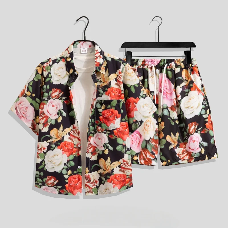 Summer Men's Hawaiian Beach Vacation Casual Suit Plus Size Loose Quick Drying Short Sleeve Floral Shirt Shorts Two Piece Set
