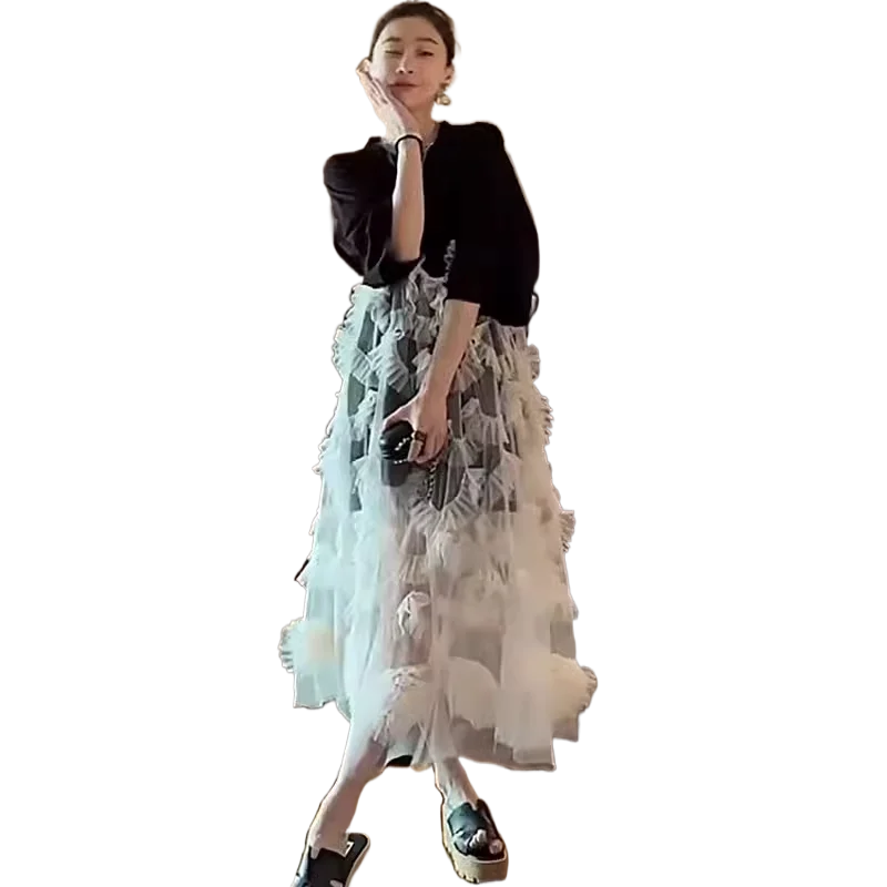 ปลอมสองชิ้นชุดฤดูใบไม้ผลิ/ฤดูร้อน 2025 ผู้หญิงผ้ากอซเย็บแขนสั้นเสื้อยืดกระโปรง