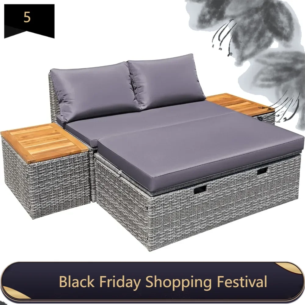 Patio Day Bed with 2 Side Tables Outdoor Daybed Set MultifunctionalRattan Lounge Bed for Backyard Porch Poolside Lawn Beach