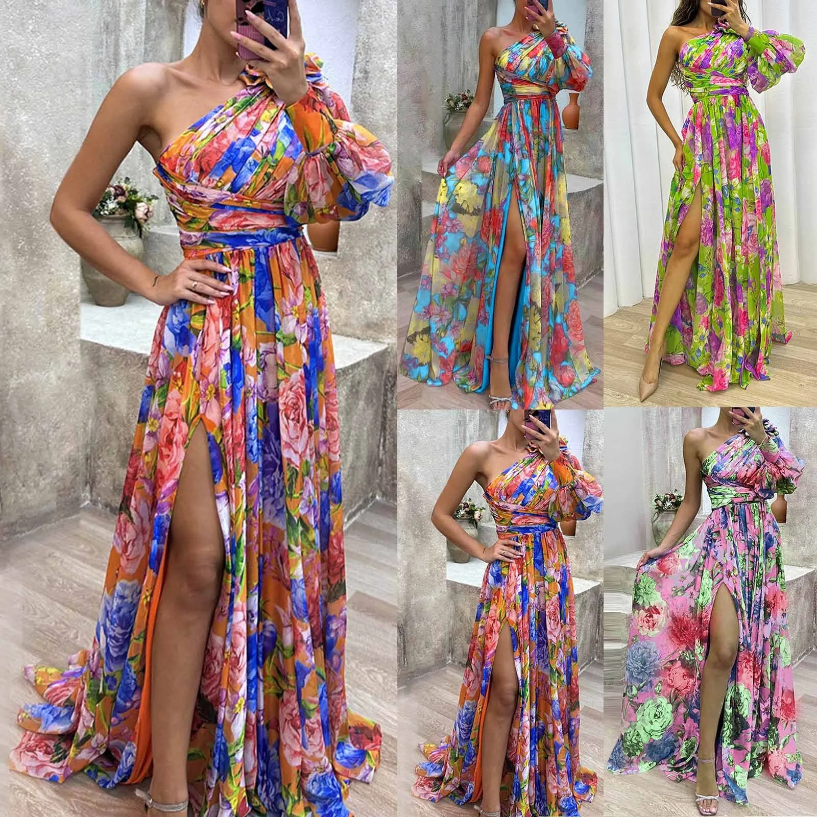 

Women Loungewear One Off Shoulder Holiday Dress, Skew Collar Fashion Long Sleeve Party Dress, Patchwork Print Ladies Maxi Dress