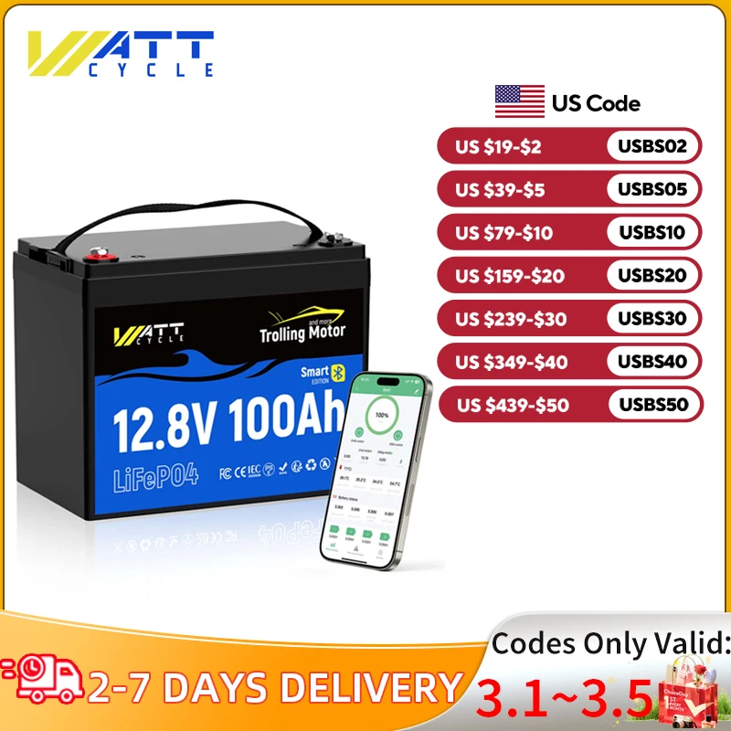 Wattcycle LiFePO4 bateria 12V 100A do silników trollingowych Bluetooth kontrola stanu w czasie rzeczywistym bateria litowo-żelazowo-fosforanowa