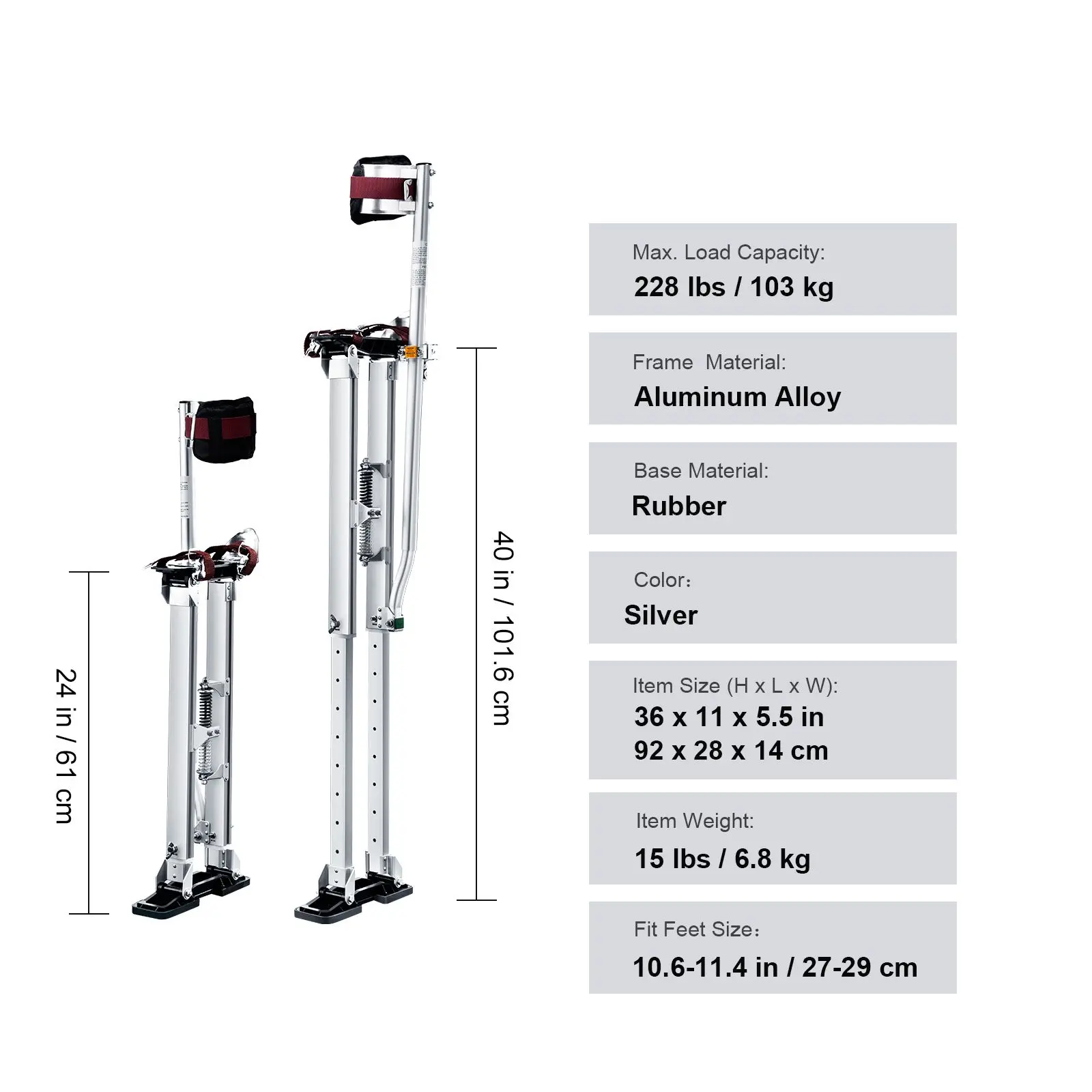 Drywall Stilts, 24''-40'' Adjustable Aluminum Tool Stilts with Protective Knee Pads, Durable and Non-slip Work Stilts for Sheetrock Painting, Walking, Taping, Silver