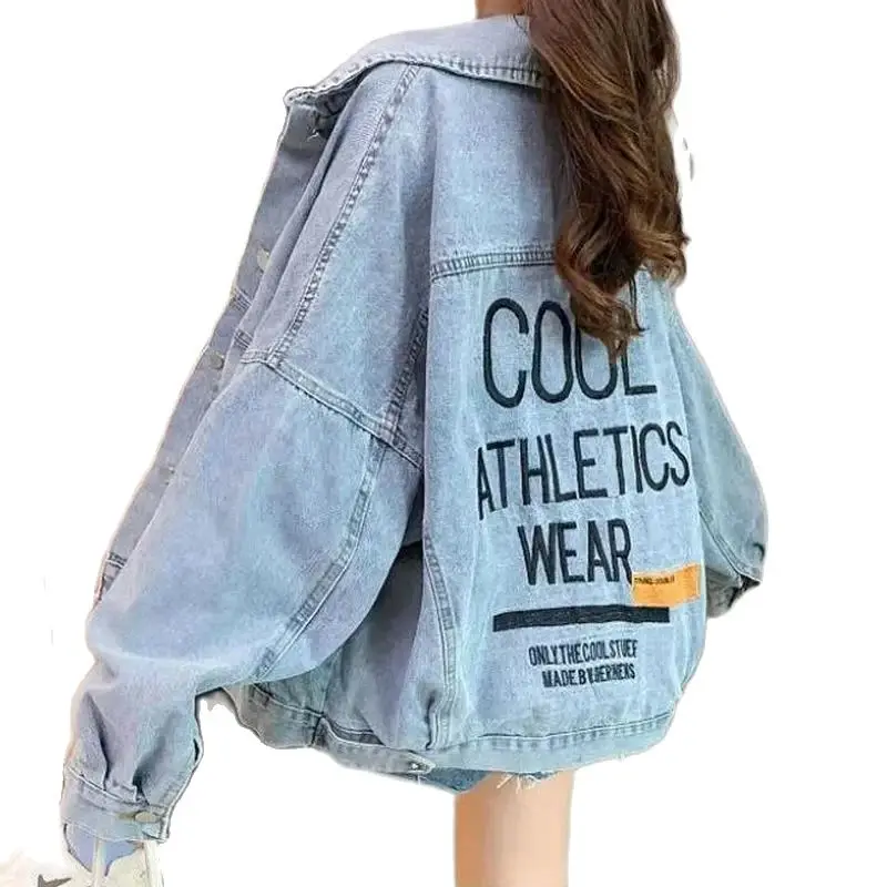 Spring Summer Denim Jacket Women 2024 New Loose Lapel Cowboy Coat Fashion Single-Breasted Outerwear Letter Printing Top Female