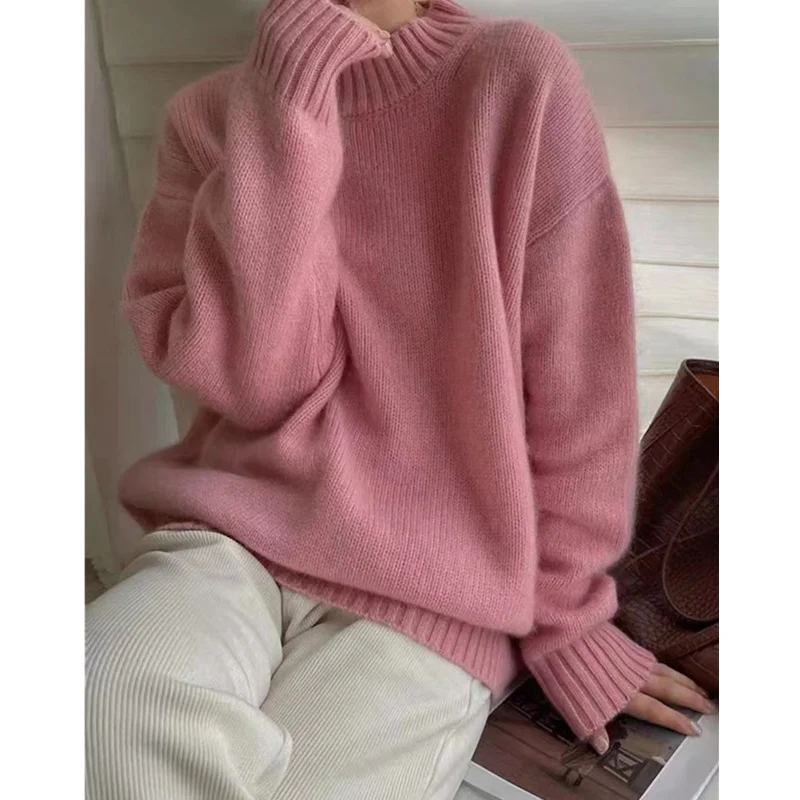 Heavy half turtleneck pure cashmere sweater women\'s lazy loose thick autumn/winter soft waxy wool base knit