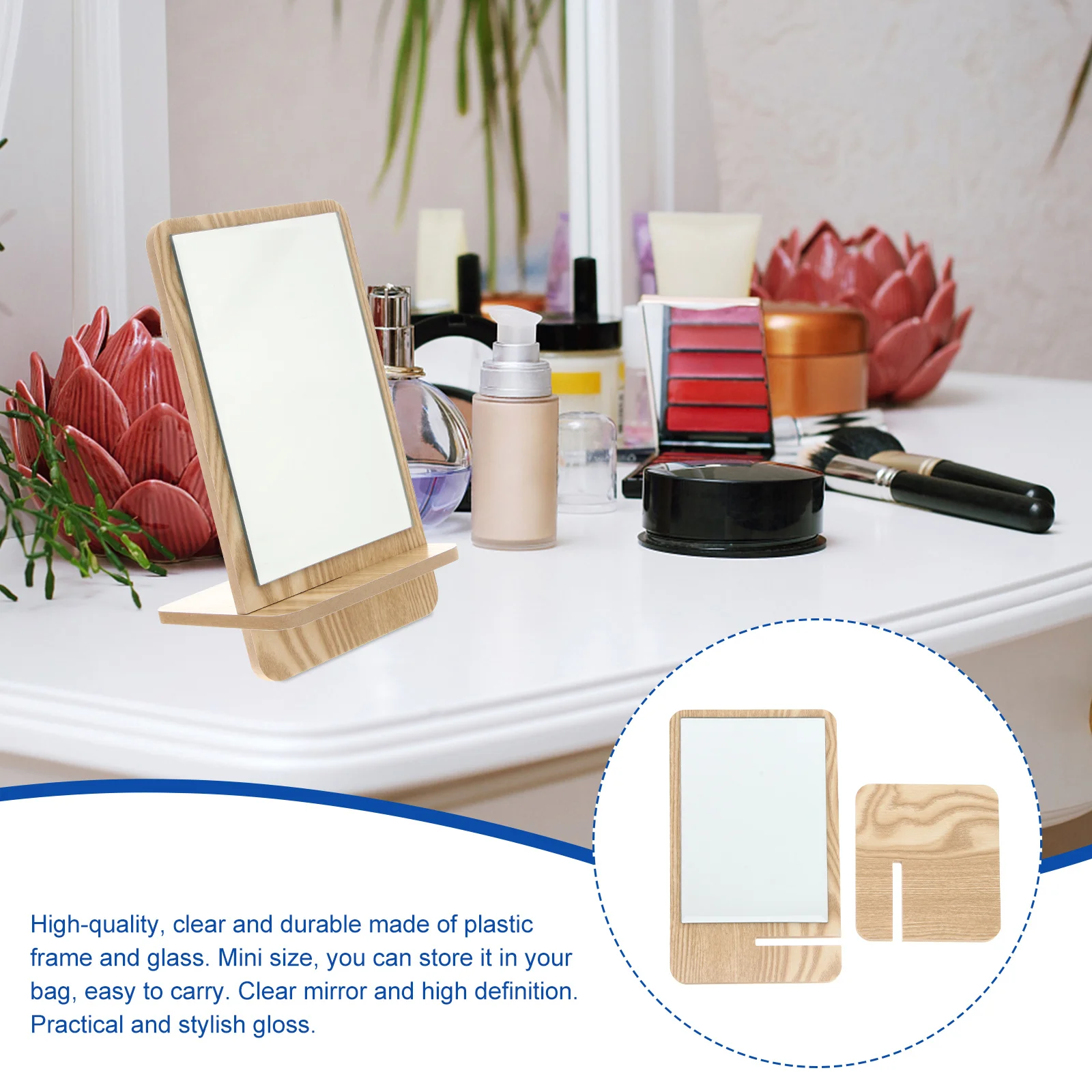 1 szt. Zmontowane drewniane lustro do makijażu na biurko, o wysokiej rozdzielczości i czystym odbiciu, do użytku w łazience, sypialni, na stół lub toaletkę.