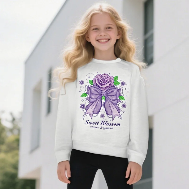 

Милый свитшот с круглым вырезом для девочек 2025 года — белый топ с длинными рукавами, бантом фиолетовой розы и графическим принтом «Sweet Blossom»