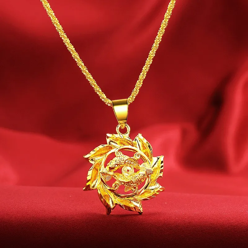 

High Quality AU999 Gold Necklace Womens Ethnic Style 24K Pure Gold Carp Coin Pendant Real Gold Clavicle Necklace