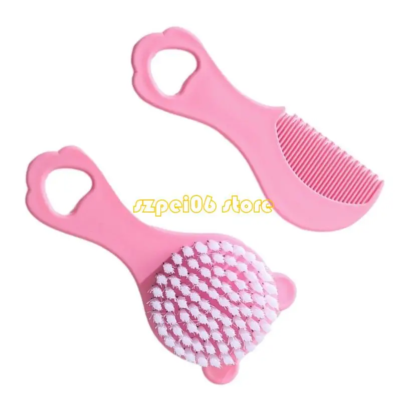 

45BF 2pcs/set Newborns Comb and Brush Set Comfortabel Grip Long Handle Grooming Tools