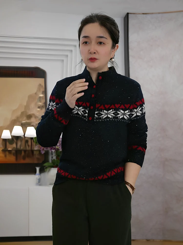 

Вязаный свитер в стиле ретро с узором «Фэр-айл», женский, зимний, повседневный, с воротником-стойкой, длинный рукав, из смесовой шерсти, удобный, теплый топ