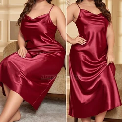 PLUS SIZE Women Long Suspender Nightgown Chemise Sleepwear Summer Spaghetti Strap Nightdress Nightwear Loose Satin Homewear