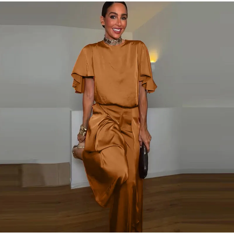 O-Ausschnitt Kurzarm Plissee-Oberteil Hosen-Sets Damen Streetwear Einfarbige Lose Blusen-Oberteile Unregelmäßige Weite Hosen Schicke Damen-Outfits – Detail 6