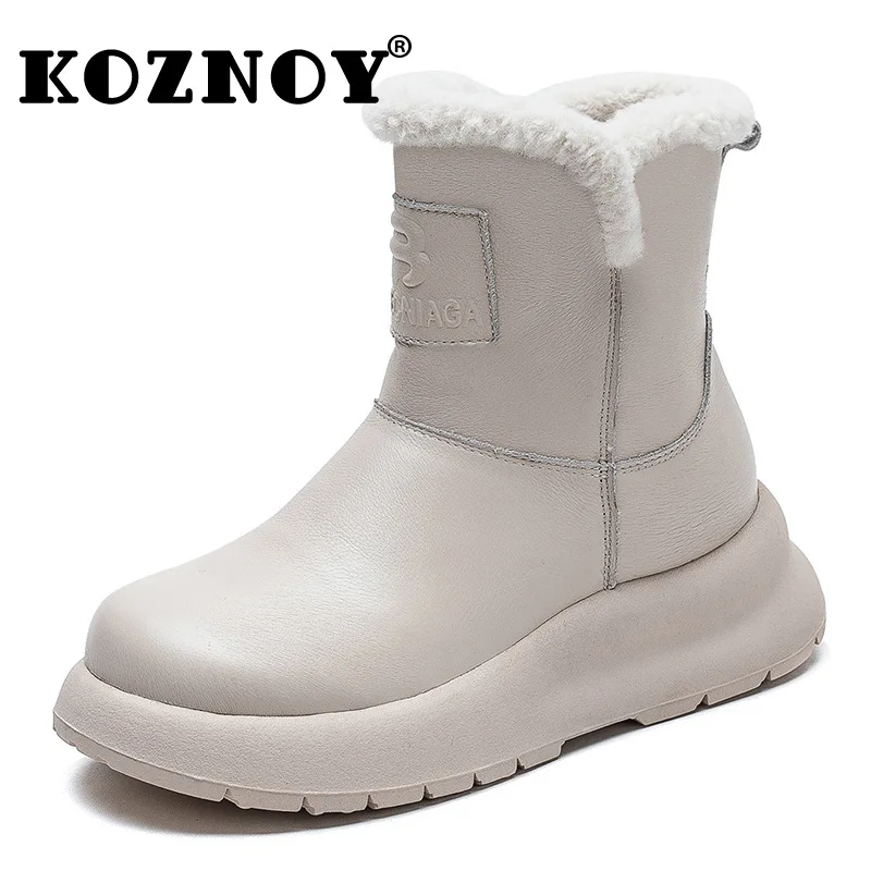 

Koznoy 5cm 2024 Cow Genuine Leather Ankle Boots Plush Warm Platform Wedge Moccasins Women Comfy Spring Autumn Winter Flats Shoes