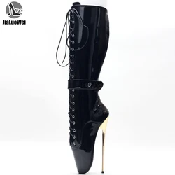 JIALUOWEI 20CM High Heel Extreme Fetish Goth Ballet Laceup Black Pvc Boots