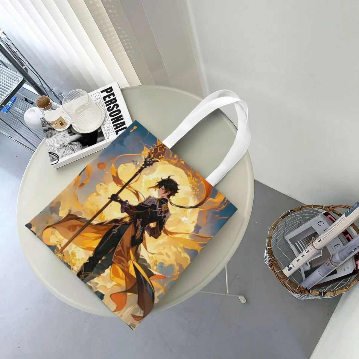 Zhongli Genshin Impact Anime Game Shopping Bags Ladies Canvas The Tote Bag Folding Ladies Shoulder Tote Travel Handbag