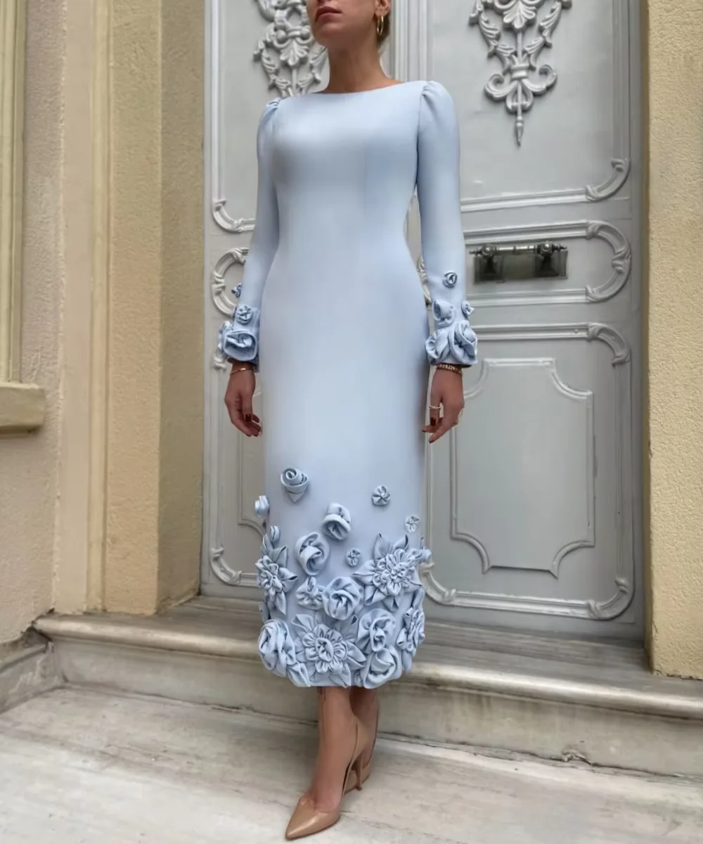 

Customized Long Sleeves Evening Dresses Pleat Flower Straight O-Neck Midi Dresses Sizes Available Cocktail Dresses Unisex ﻿