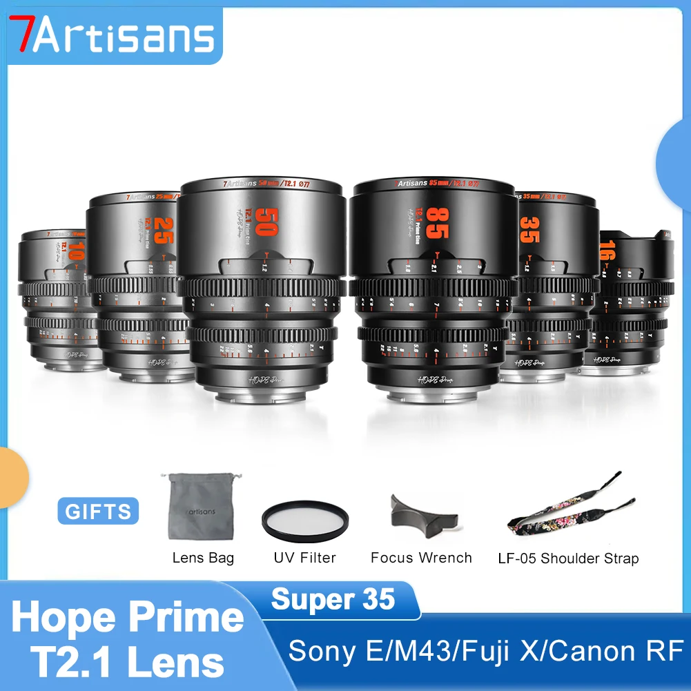 7artisans T2.1 Hope Prime Super 35 Pirme Fixed Focus AF 10mm 16mm 25mm 35mm 50mm 85mm for Sony E Canon RF Fuji X M43MFT FX30 RED