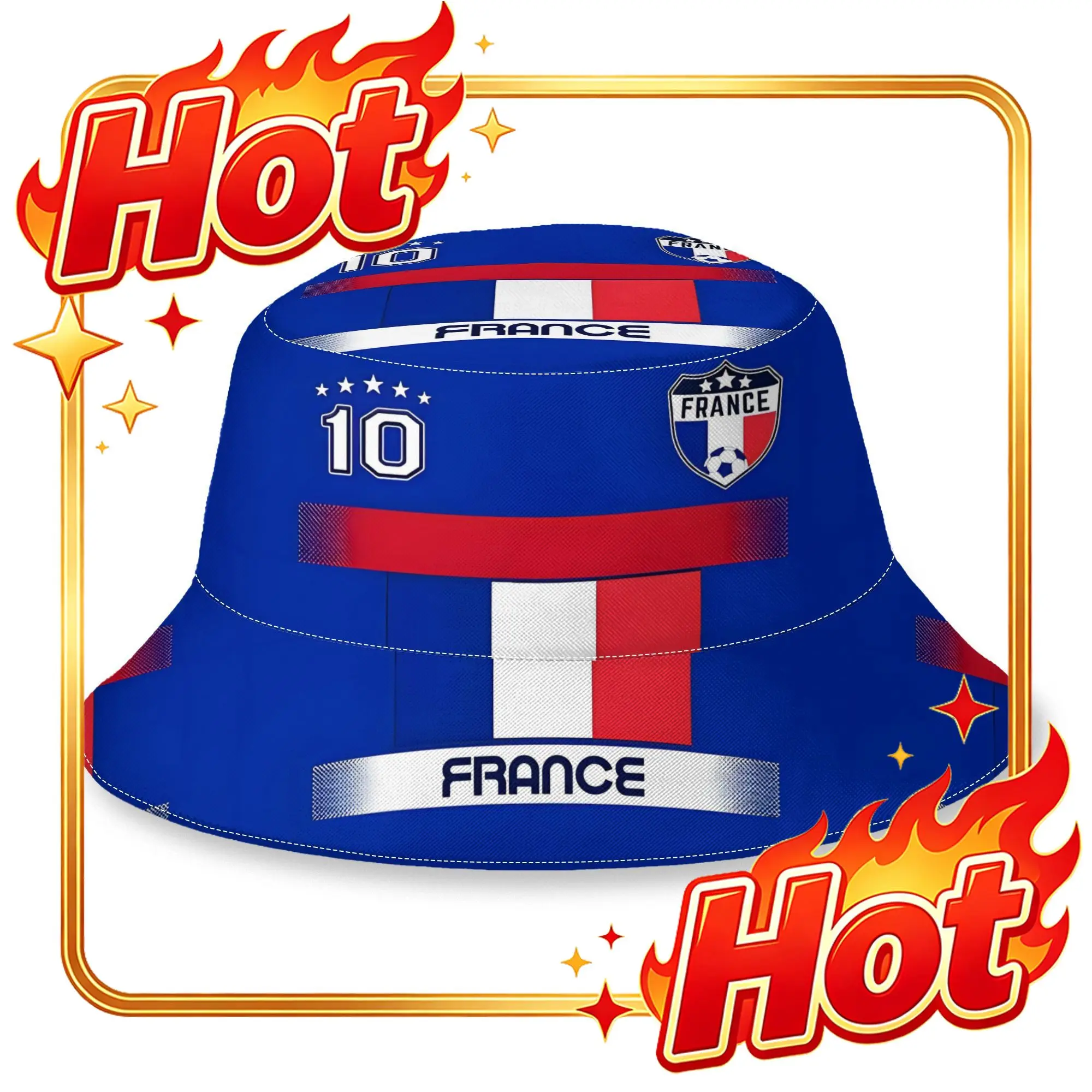 Custom France Soccer with Flag Shield And Number 10 Printed Bucket Hat Unisex Suitable for Outdoor Vacations and Travel