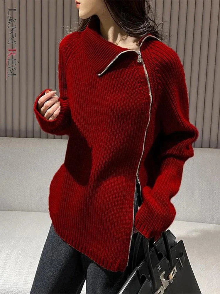 LANMREM Irregular Knitted Pullover Zipper Red Color Long Sleeves Fashion Style Female Outwear Sweater Autumn Winter New 2DB1999