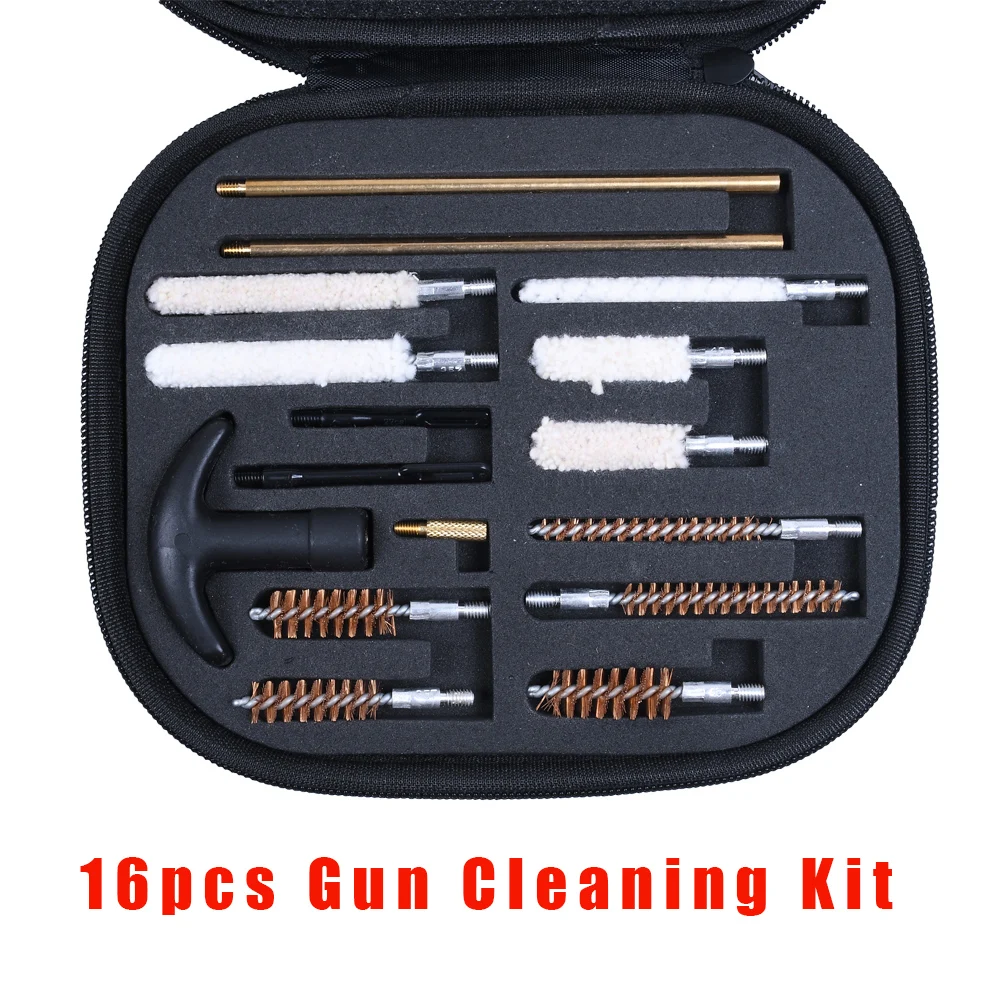 16 pçs universal kit de limpeza arma para rifle pistola pistola barril escova ferramenta limpeza arma conjunto caça acessórios