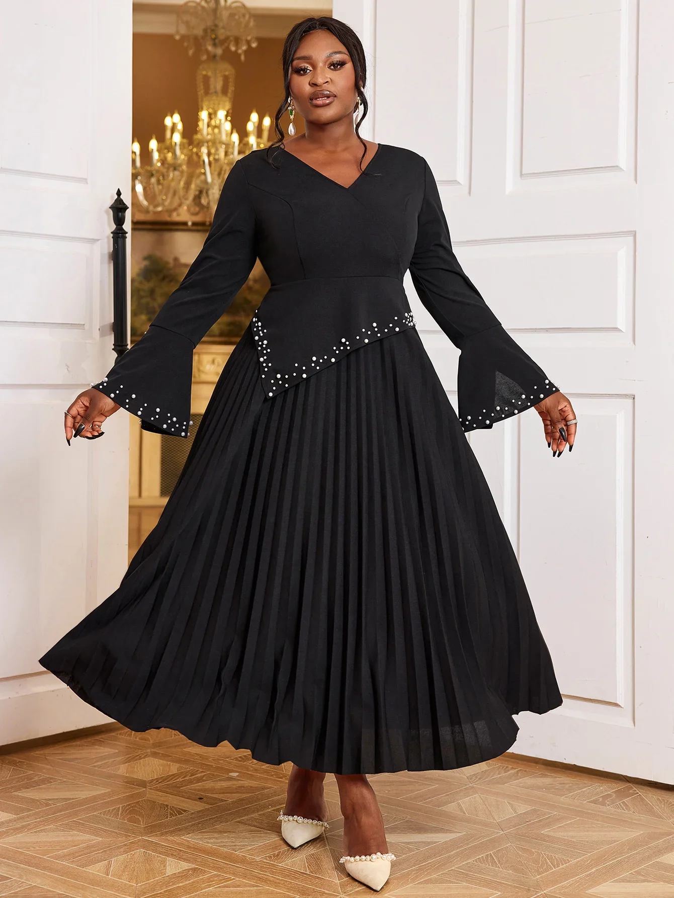 

Maxi Black Church Robe V-neck Long Horn Sleeve Beaded High Waist Drop Cocktail Party Evening Dress Women's Party Dress