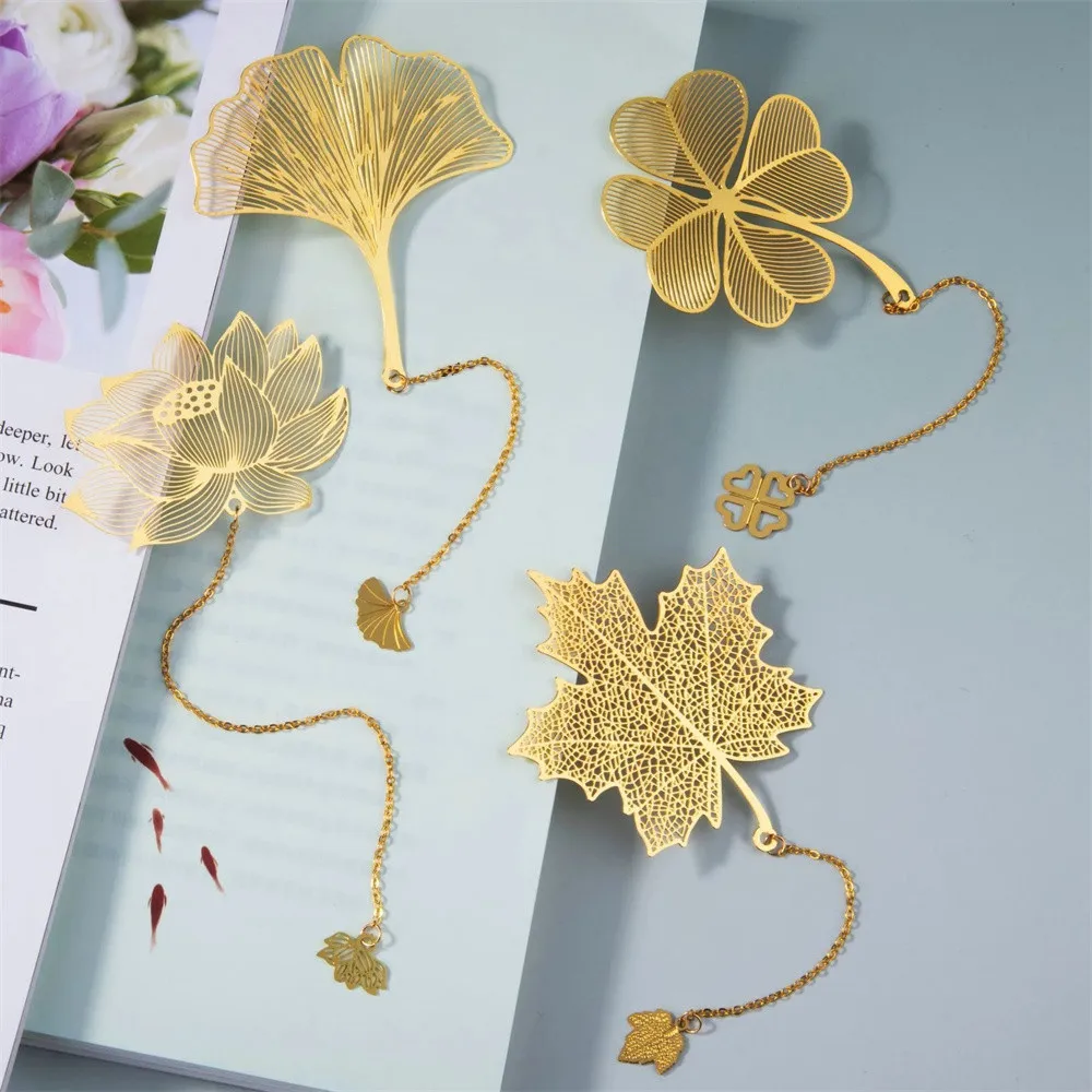 1pc Gold Hollow Ginkgo Biloba Maple Leaf Lotus Vein Metal Bookmarks Student Chinese Style Stationery Retro Book Marks Gifts