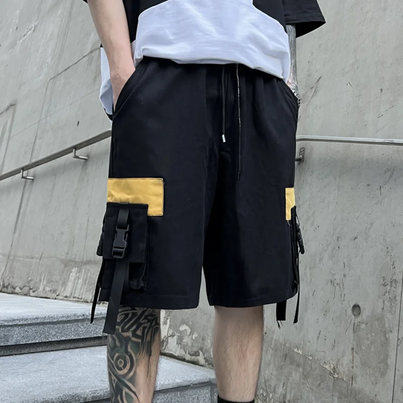 Fashion Cargo Shorts Men Cotton Shorts Male Ribbon Elastic Waist Fashion Knee Length Short Pants Men New Streetwear