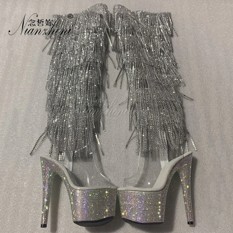 Gold Gothic Stripper Heels Over The Knee Boots 7Inch Fringe Rhinestone High Heels Exotic Dancer 17cm Over The Knee Boots Catwalk