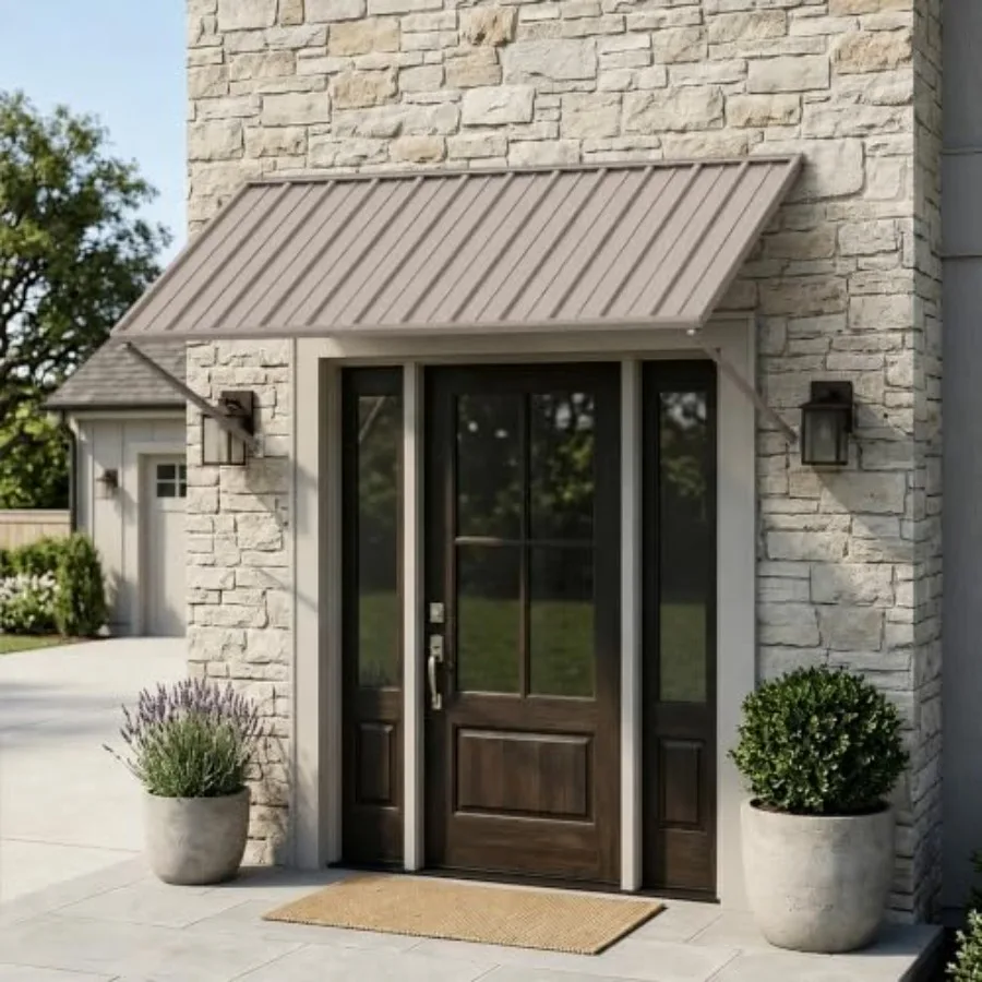 Adjustable Door Window Awning 4-Level Tilt, Aluminum Frame 82 W × 43 1/2 Sloped Panel, Adjustable Projection 3142, Metal Canopy