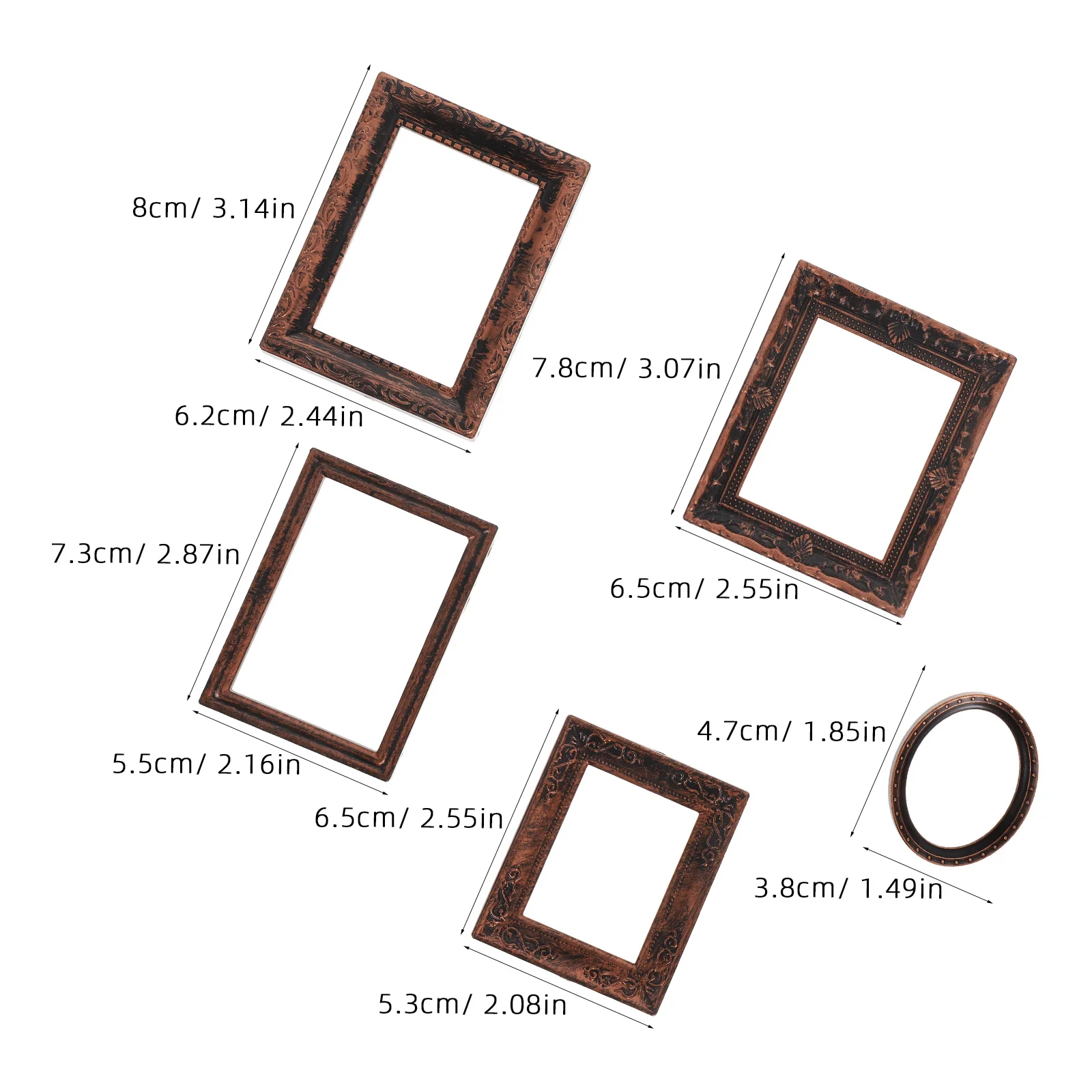 Cornici per foto in bronzo vintage in miniatura da 5 pezzi Scala 1:12 Mini accessori artigianali Decorazione per casa delle bambole Mini cornici Piccola cornice ovale