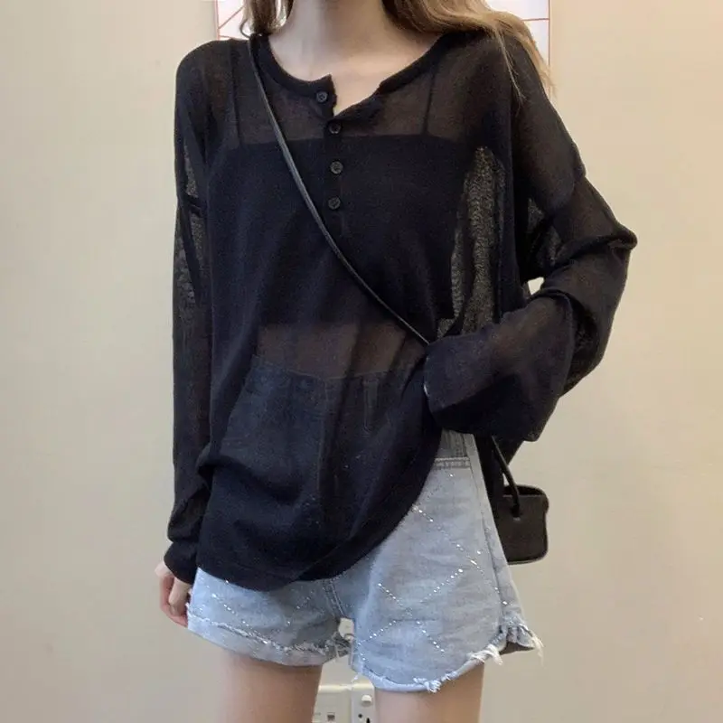 

Summer New Ice Silk Button Patchwork T Shirt Top Long Sleeve V Neck Solid Loose All-match Pullovers Casual Fashion Women Clothes