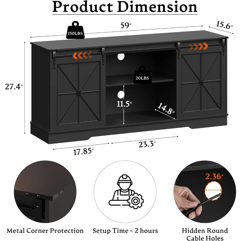 حامل تلفزيون المزرعة الحديث لمنتصف القرن لأجهزة التلفاز مقاس 55-65 بوصة مع خزانة تخزين باب الحظيرة المنزلقة وسهولة التجميع