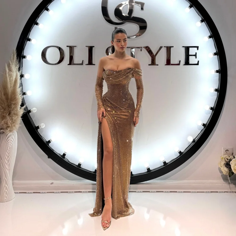Bella Customized Champagne Side Slit robes de soirée One Shoulder Sequins Sleeveless Evening Dresses Floor-Length Wedding Dress image 4