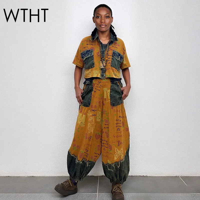 WTHT Trendy Women's Patchwork Denim Burr Edge Short Sleeves Tops Elastic Waist Loose Harem Jeans Female 2026 Spring 1LS2965