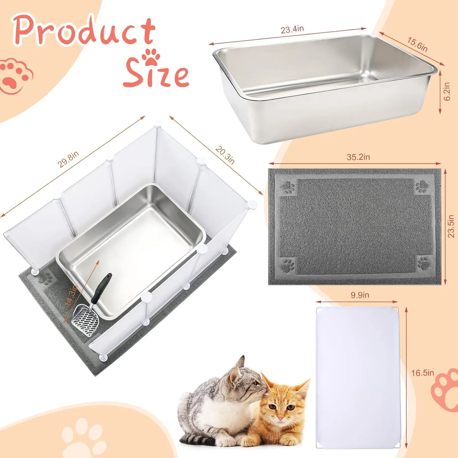 2 Set Extra Large Giant Stainless Steel Litter Box for Cats(24 x 16 x 6 inches) with 2 Metal Cat Litter Scoop,16 Litter Splash