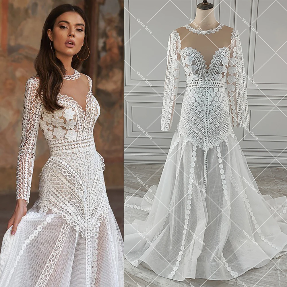 Trumpet Long Sleeves Floral Lace Wedding Dress Customized Open Back Mermaid Hippie Illusion Neck Real Pictures Bridal Gown