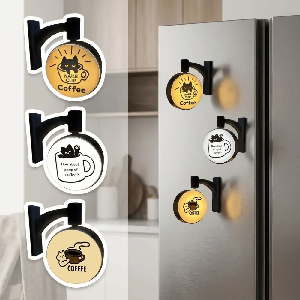 Durable Rotatable Cat Fridge Magnet Round Light Up Light Sign Creative Cute Cat Coffee Light Sign Refrigerator Decoration