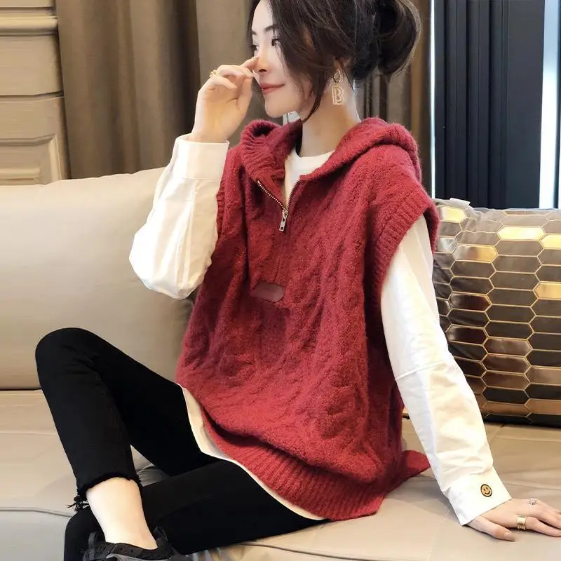Red hooded knitted vest for women autumn and winter outer wear trendy sweater vest spring wear