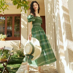 ARTKA 2023 Summer New Women Dress Vintage Print Green Square Collar Dresses Short Puff Sleeve A-line Long Dress Female LA92038X