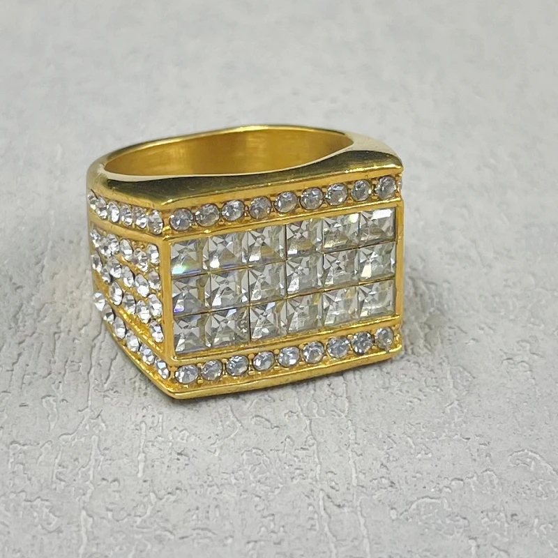 Vintage hip hop gold silver color Ring for men Women with rhinestone Jewelry Fashion Stainless Steel Engagement Wedding