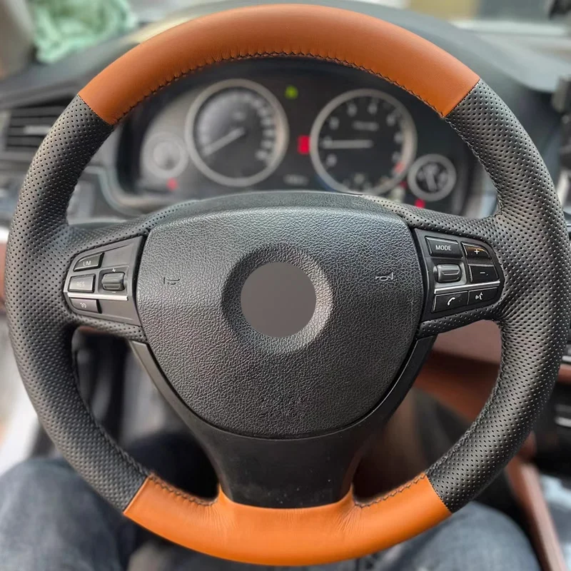 

Smooth Orange Leather with Black Perforated Leather Steering Wheel Cover for BMW 5 Series 7 Series 520li 523 525 528 2009-2017